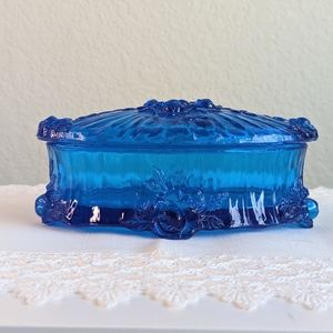 Fenton Colonial Blue Rose Oval Candy/Trinket Box